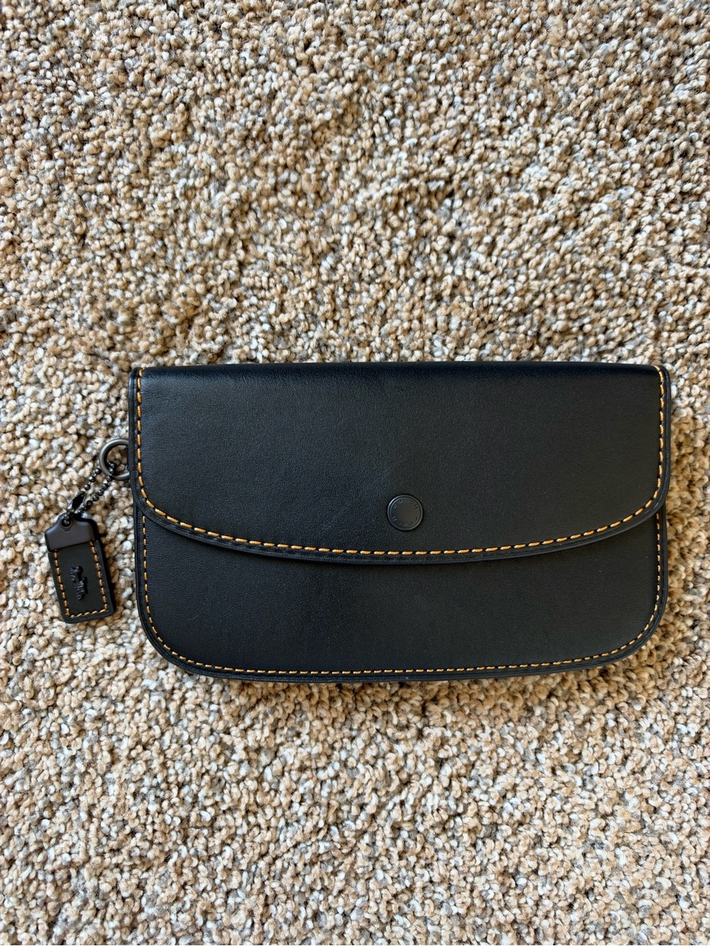 COACH 1941 Glovetanned Leather Flap Clutch Wristlet in Black & Brown Stitching